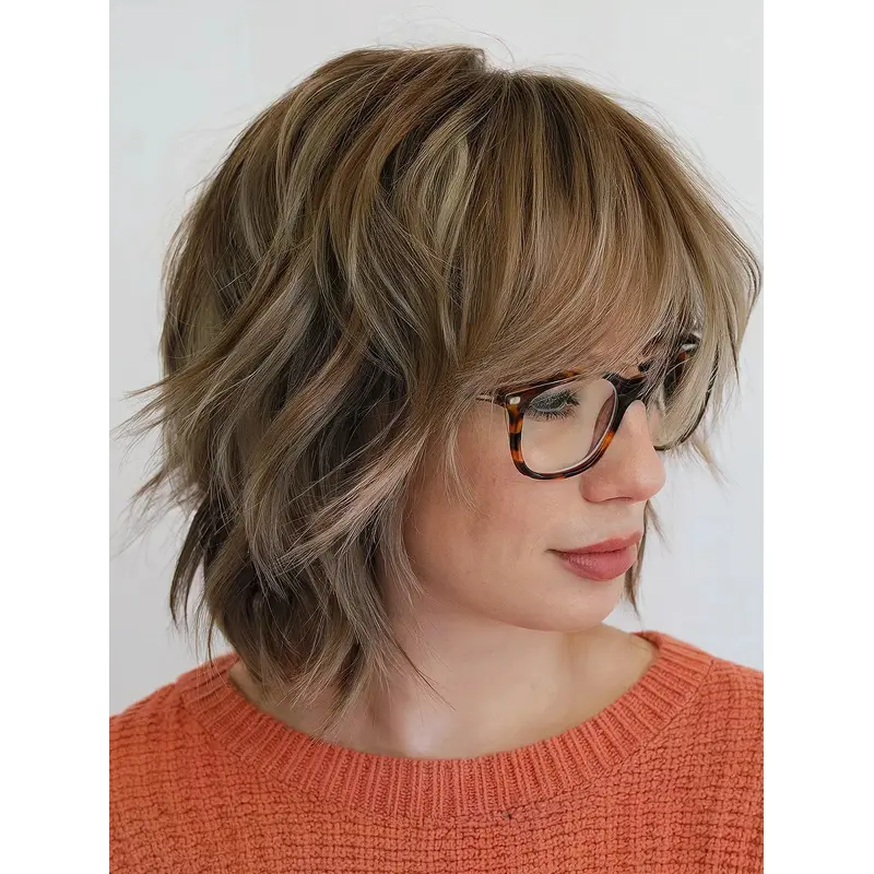 Medium Blonde Wig 12" Shoulder Length Synthetic With Bangs Straight Wigs