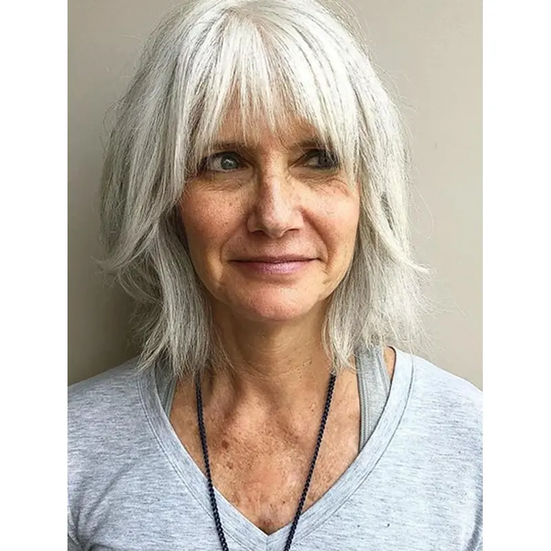 Shoulder Length Grey Lace Front 14" Wigs For Lady