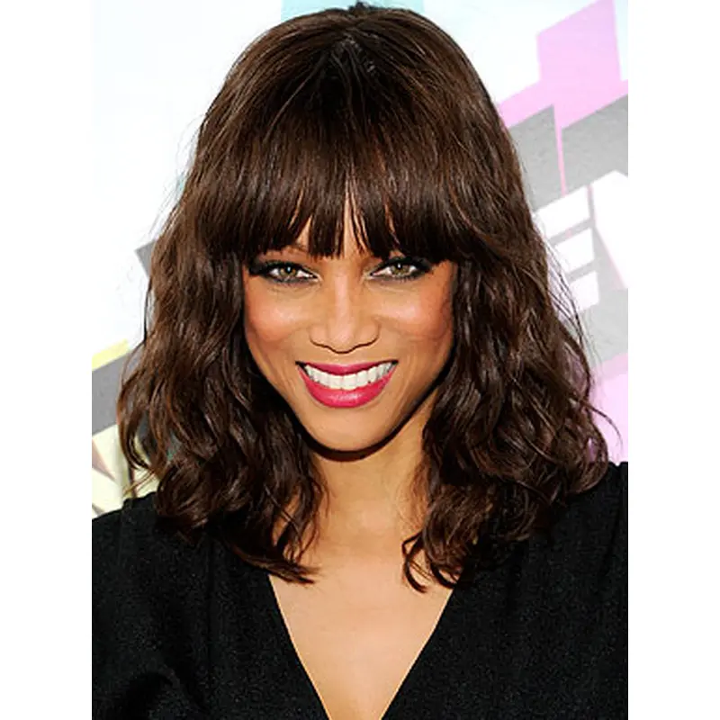 Tyra Banks Mid-length Wavy Cut Human Hair Wig 16 Inches with Bangs