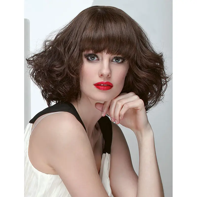 12" Curly Monofilament Brown Remy Human Hair Shoulder Length Bob Wigs For Sale
