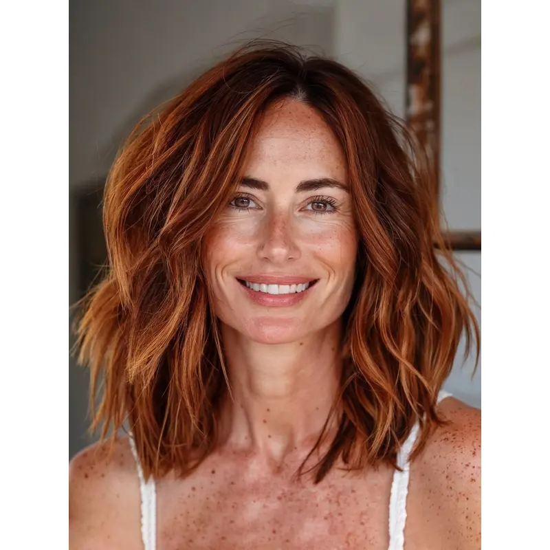 Medium Wavy Wig Synthetic Shoulder Length Layered Copper 12" Lace Front Wigs