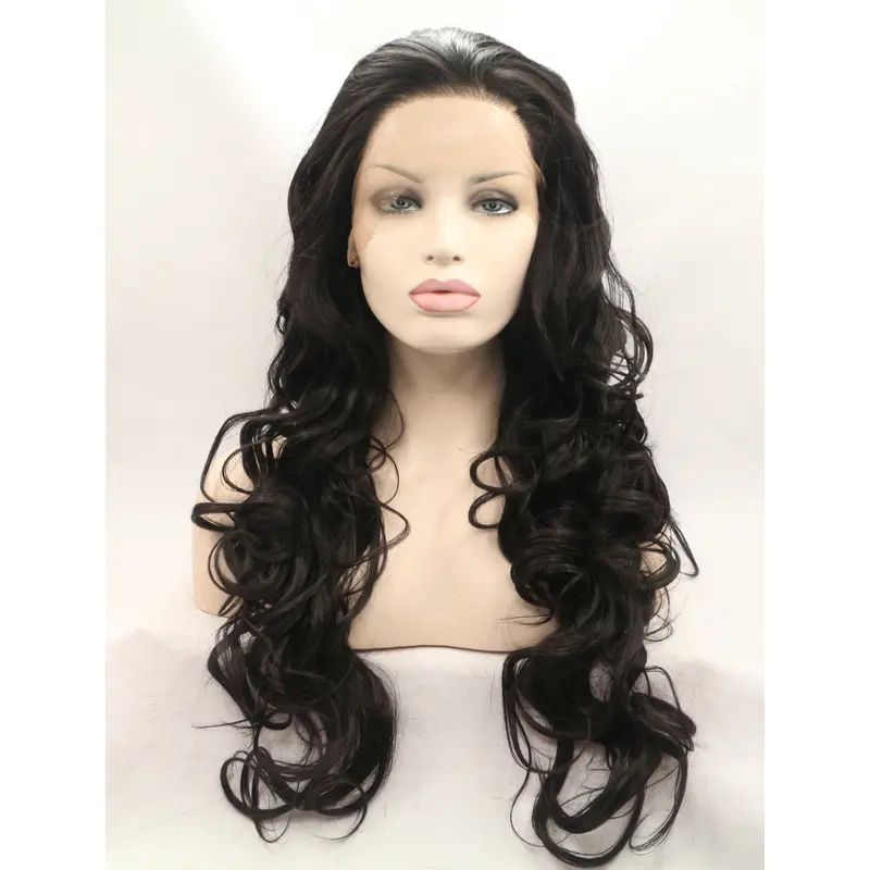 Without Bangs Black 28" Curly Long Lace Front Synthetic Wigs