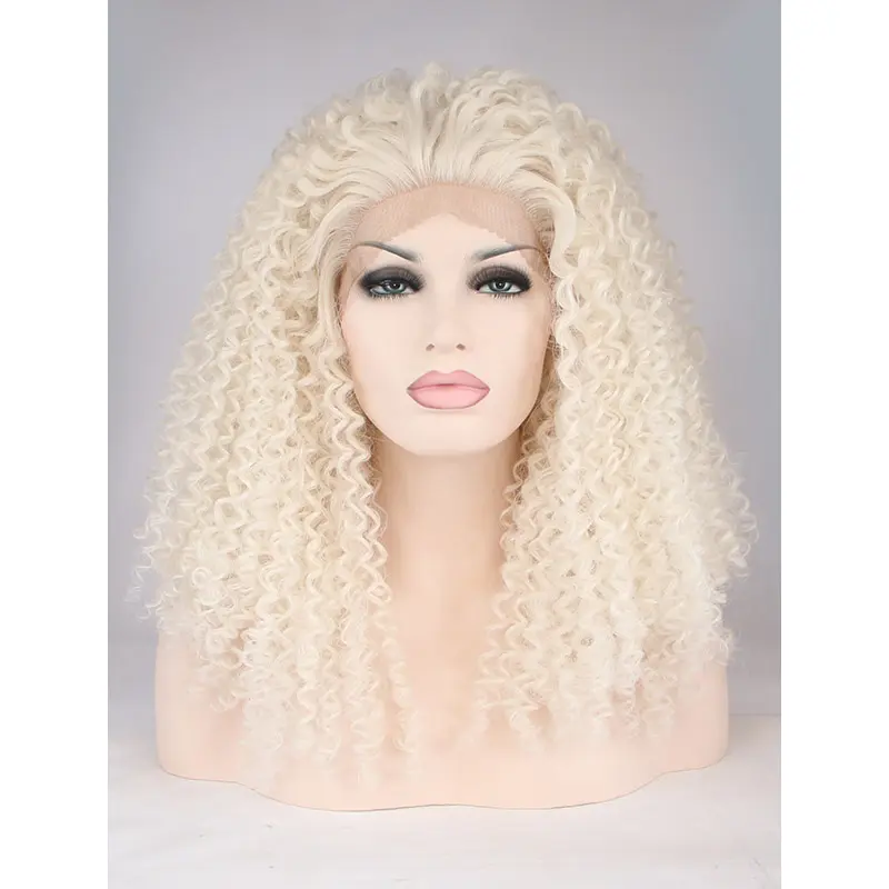 Without Bangs White 18" Kinky Long Lace Front Synthetic Wigs