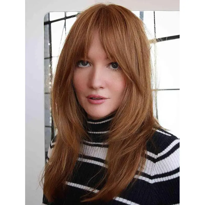 Human Hair Lace Front Wig Lace Front Long Straight Wigs Face-Framing Bangs Wigs