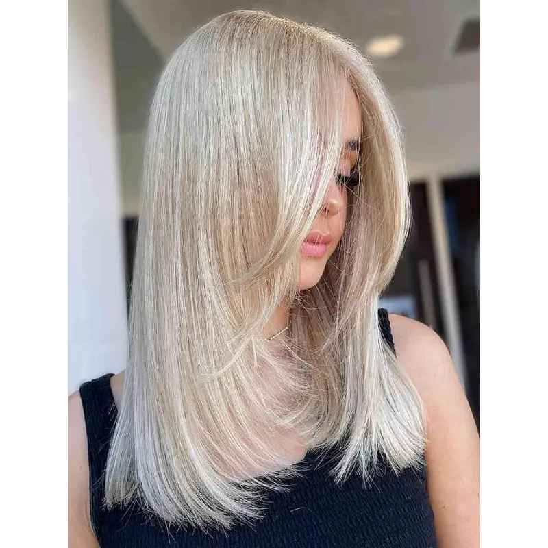 Real Human Hair Wigs Long Straight Layered Wigs Exquisite Face-Framing Bangs Wigs