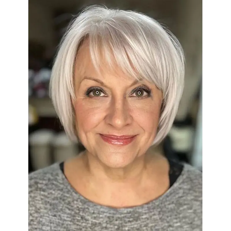 Short Monofilament 8" Grey Real Hair Bob Wig