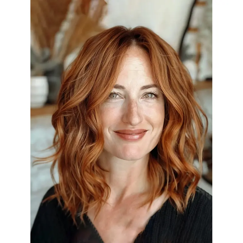 Wavy Wig Medium Length 14" Monofilament Without Bangs Remy Human Hair Copper Wigs