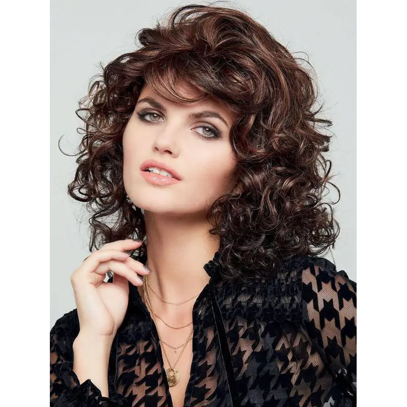 14" 100% Hand-Tied Curly Brown Medium Wigs For Women