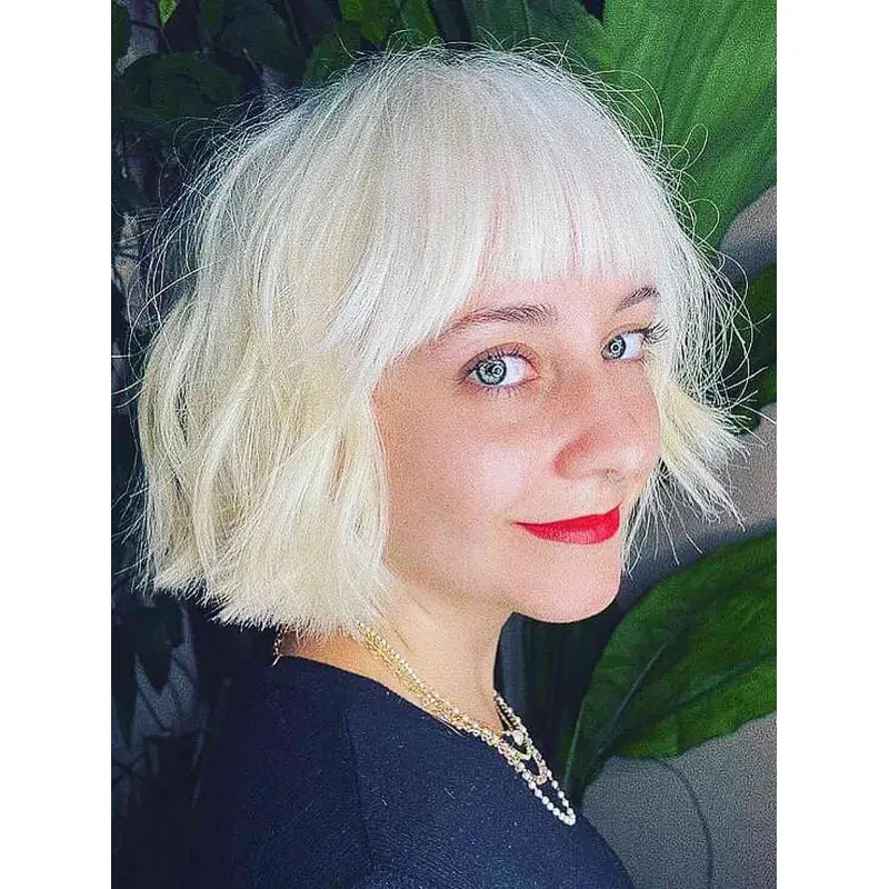 Monofilament Bob Wigs 10" Wavy Remy Human Hair With Bangs Wigs