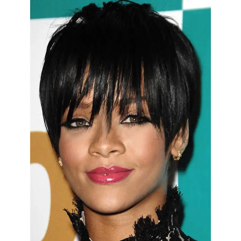 Comfortable Black Straight Cropped Rihanna Wigs
