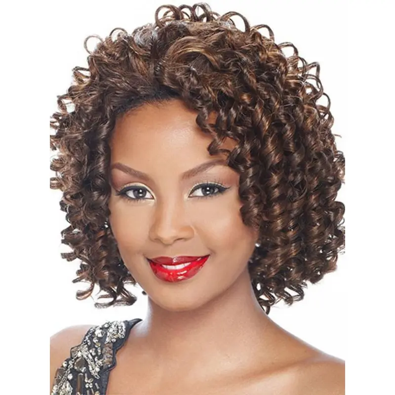 Polite Brown Curly Chin Length Synthetic Wigs & Half Wigs