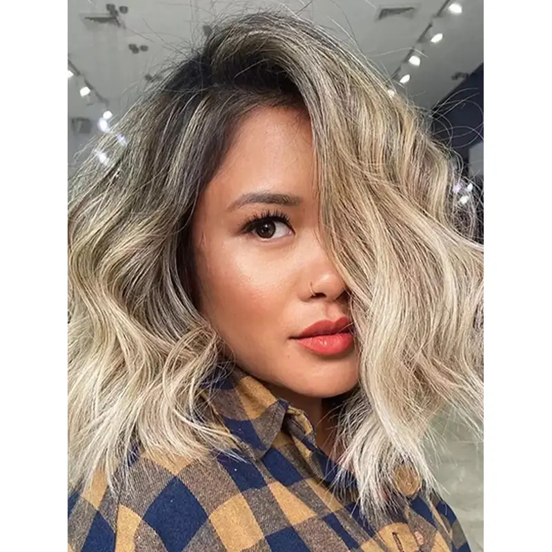 Without Bangs Blonde Shoulder Length Lace Front Sleek Human Hair Wigs