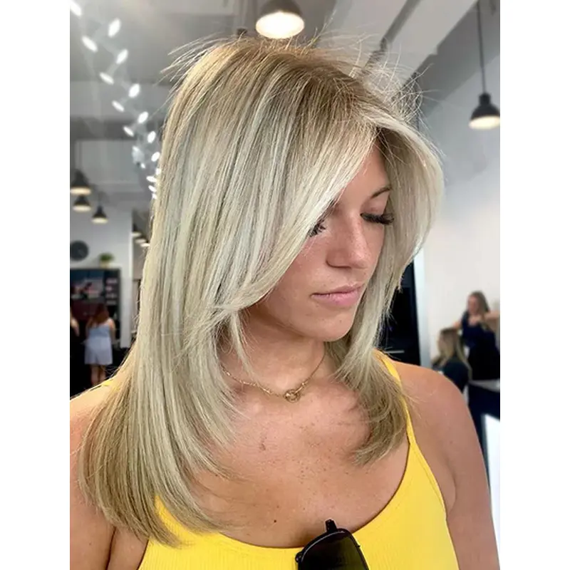 Straight Blonde Layered 14" Human Hair Wigs For Ladies