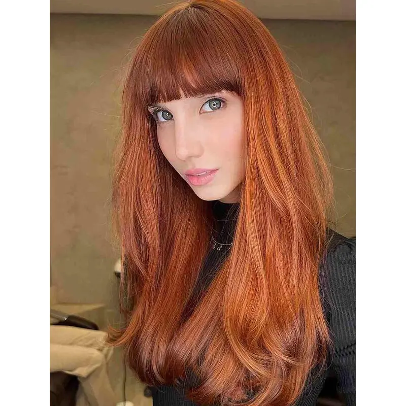 Wigs For Sale Cheap Copper Lace Front Long Straight Synthetic Full Bangs Wigs