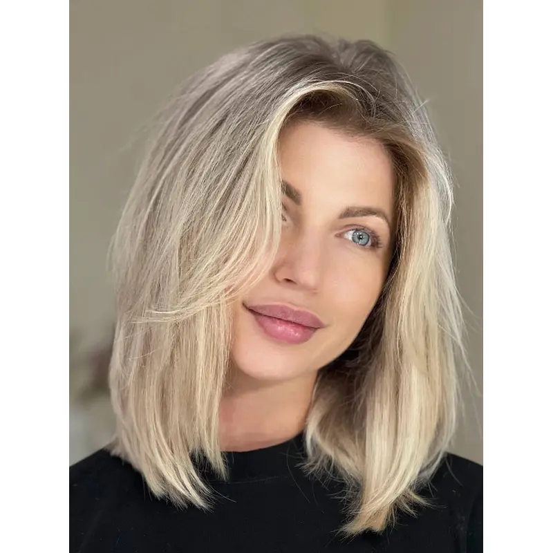 Bob Wigs Human Hair Shoulder Length Lace Front Straight Platinum Blonde 12" Wigs