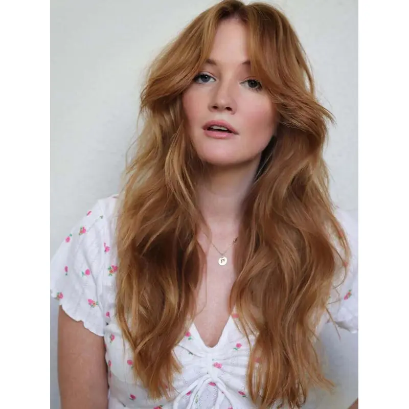 Lace Front Wigs Synthetic Copper Long Wavy Layered Parted Bangs Wigs