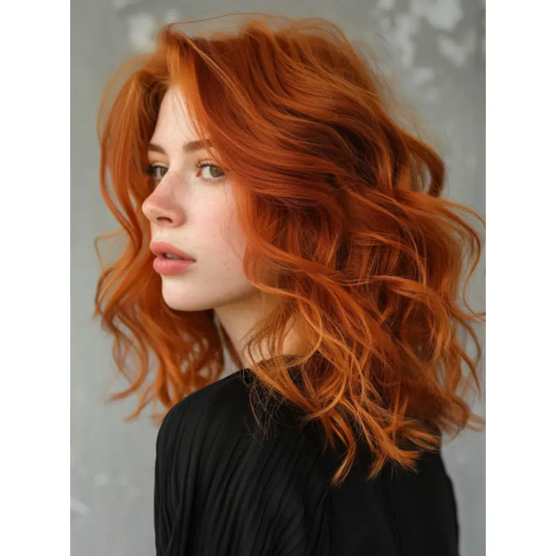 Medium Lace Front Wigs Copper 14" Layered Wavy Wigs