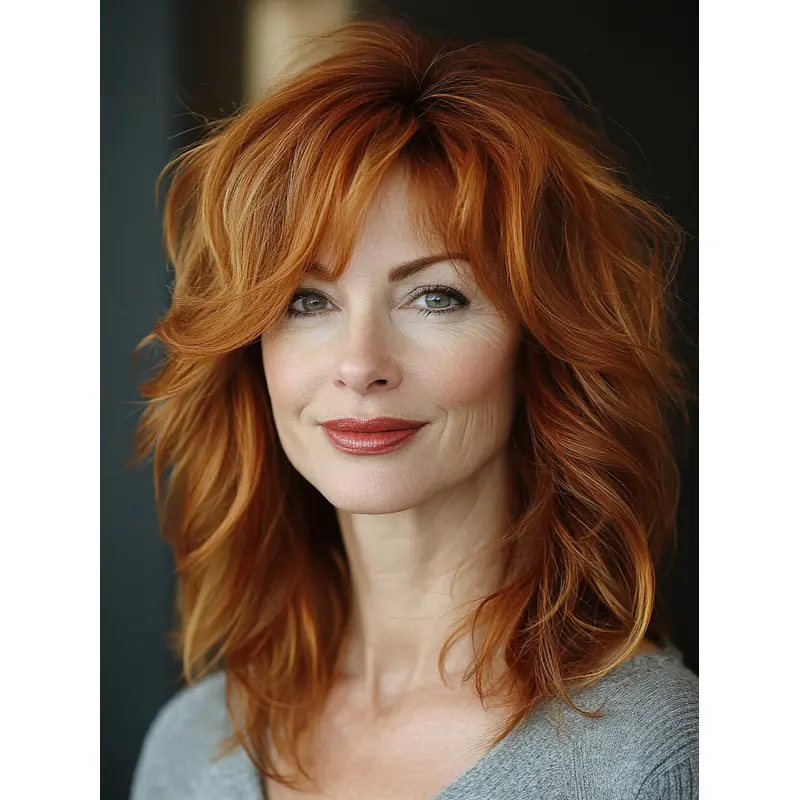 Medium Length Wavy Wig Monofilament With Bangs Copper 14" Remy Human Hair Wigs