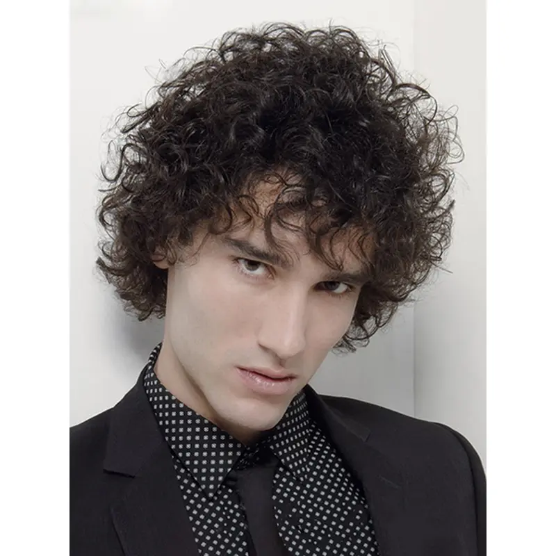 Sleek Black Curly Short Men Wigs