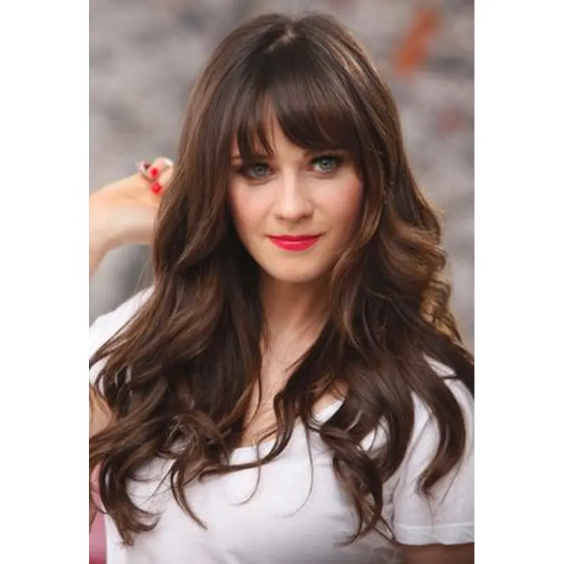 20" Capless Long Remy Human Hair Wavy Zooey Deschanel Wigs