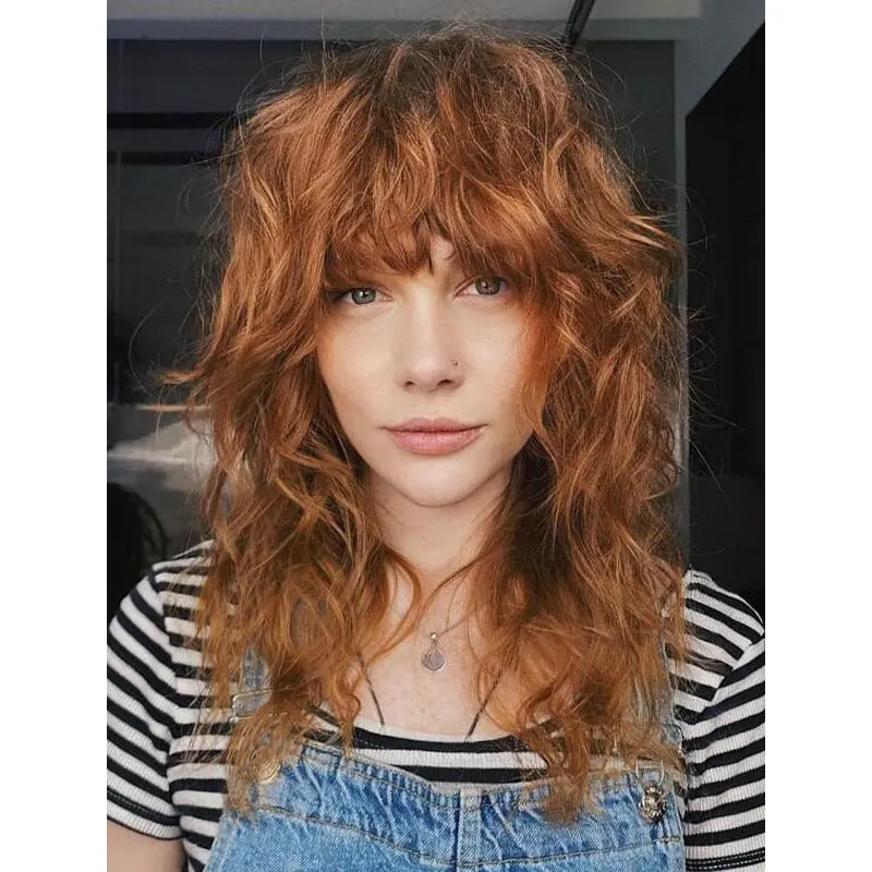 Curly Hair Wigs Copper Synthetic Lace Wigs Shoulder Length With Bangs Shag Wigs