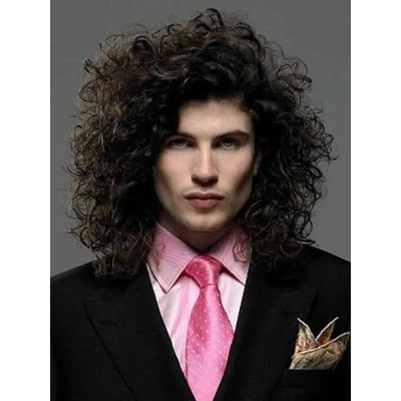 Popular Black Curly Shoulder Length Men Wigs