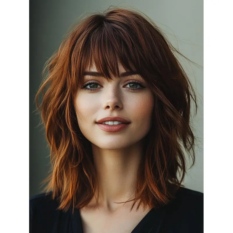 Medium Length Wig With Bangs Copper Remy Human Hair Wavy 14" Monofilament Wigs