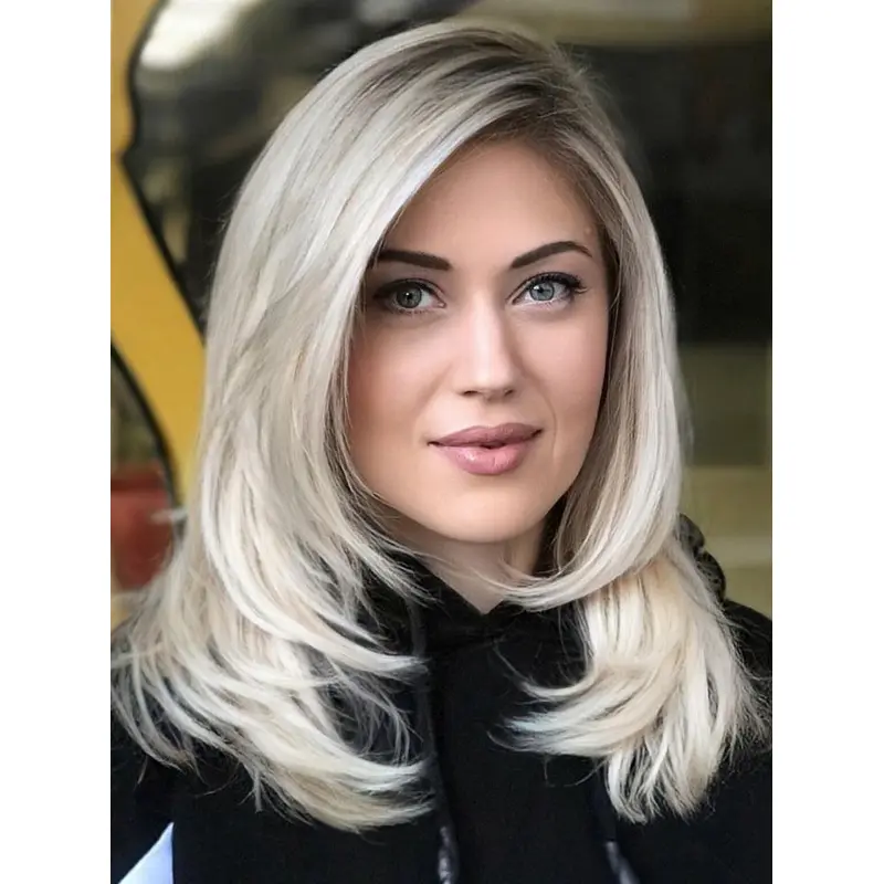 Mid Length Lace Front Wigs Platinum Blonde 14" Layered Wigs