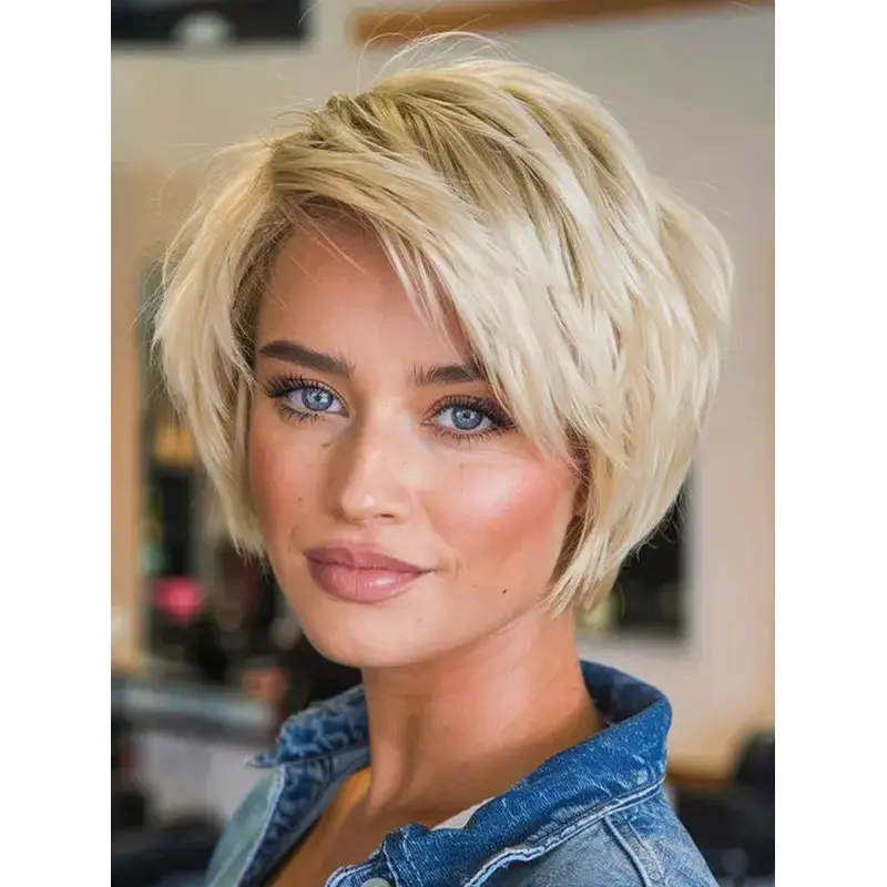 Short Synthetic Wigs Straight Bobs Platinum Blonde Lace Front 8" Wigs