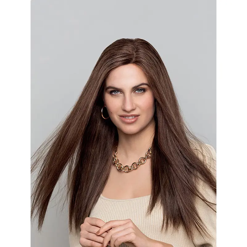 Long Monofilament Brown Straight Without Bangs Natural Looking Human Hair Wigs
