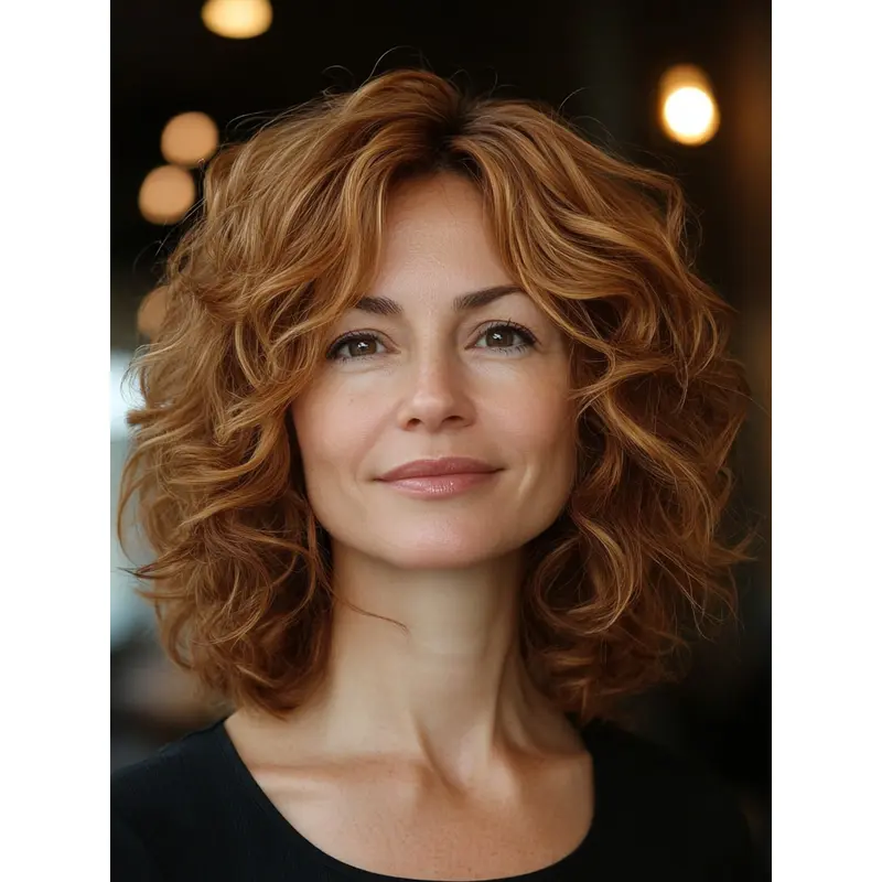 Medium Curly Wig Copper Shoulder Length Layered 14" Monofilament Wigs