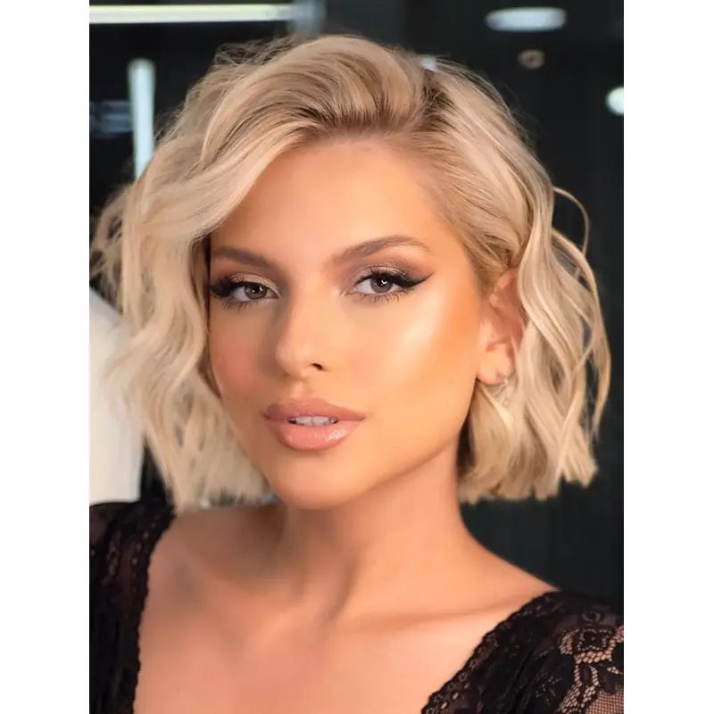 Medium Length Lace Wig Remy Human Hair 10" Platinum Blonde Bobs Wavy Wigs