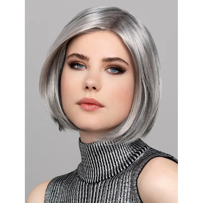 12" Chin Length Grey Bobs Synthetic Stylish Lace Front Wig
