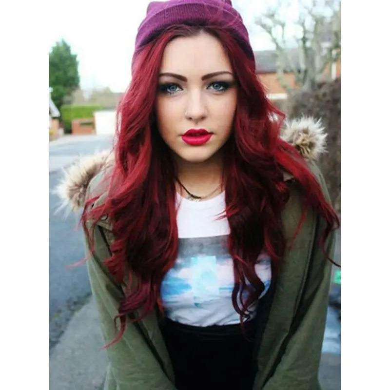 Dark Red Long Wavy grateful Lace Front Human Wigs