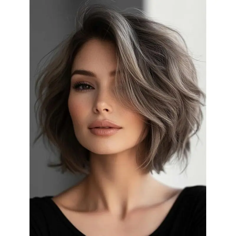 Grey Wig Bob Synthetic Wavy Layered Chin Length Wigs