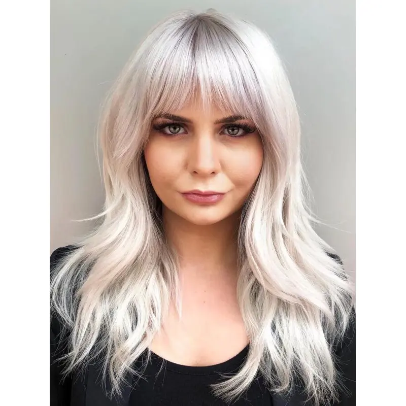 Platinum Lace Long Wavy Synthetic Platinum Blonde Tapered Bangs Wigs