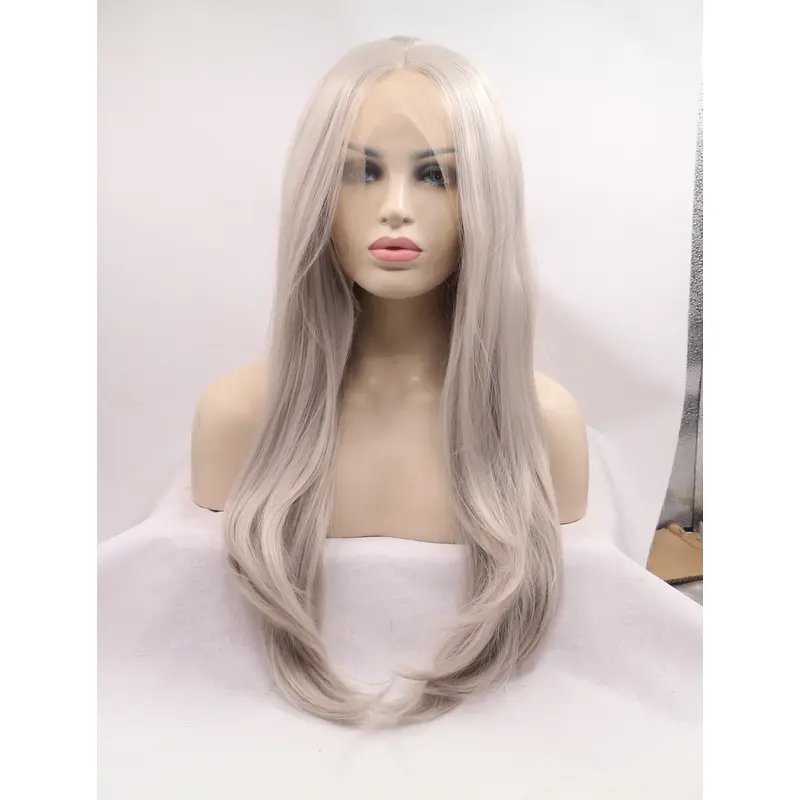Long Wavy Without Bangs Grey Lace Front 25" Synthetic Wigs