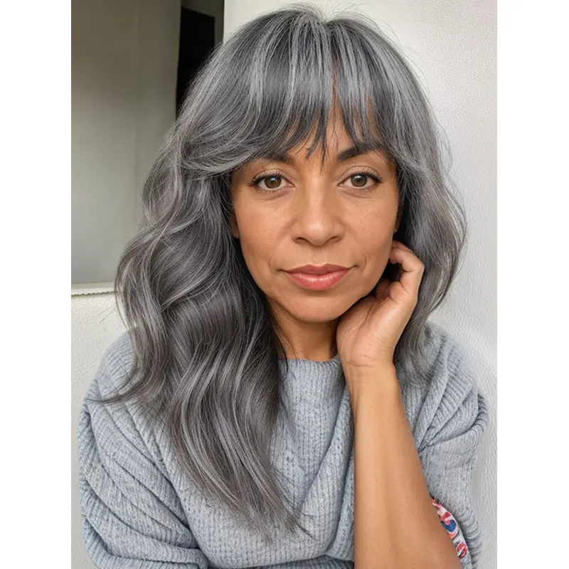 Salt And Pepper Human Hair Wigs For African American Long Wavy Layered Wigs