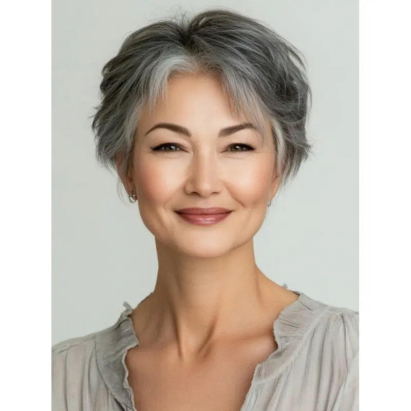 Short Hair Grey Wigs Monofilament Layered 6" Wavy Wigs