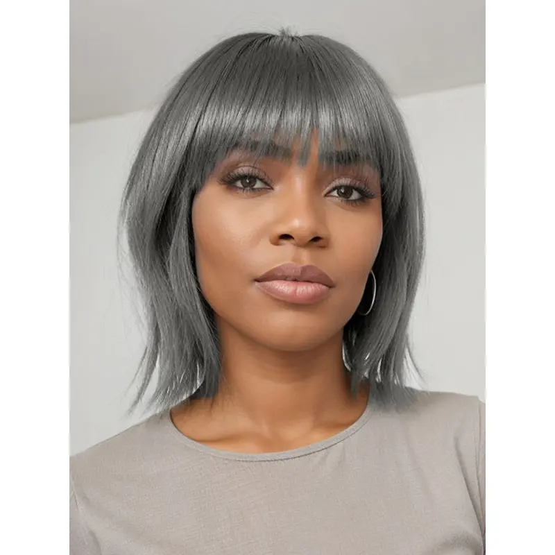 African American Salt And Pepper Wigs Shoulder Length Straight With Bangs Wigs
