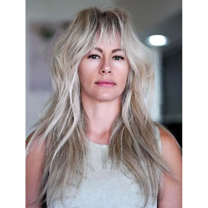 Long Shag Wigs Platinum Blonde Synthetic Lace Wig With Bangs Long Wigs