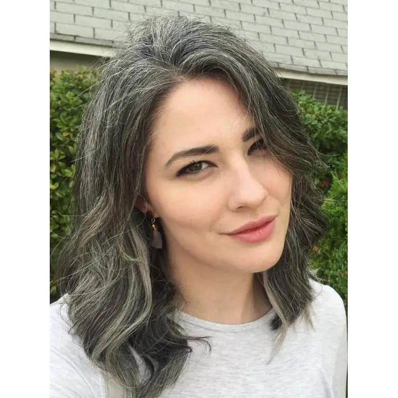 Dark Grey Lace Front Wig 14" Shoulder Length Wavy Wigs