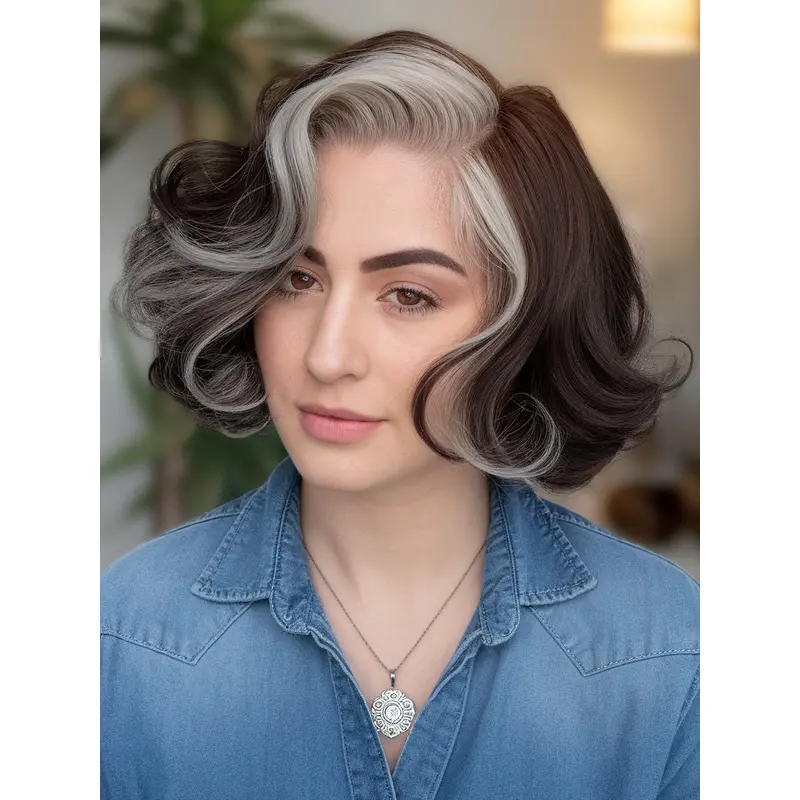 Grey Hair Medium Length Wigs 10" Wavy Bobs Synthetic Wigs