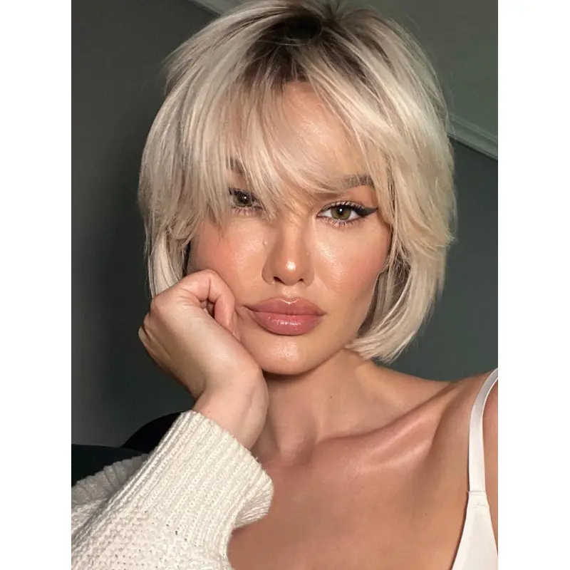 Short Bob Style Wigs Straight Platinum Blonde Synthetic Monofilament 8" Wigs