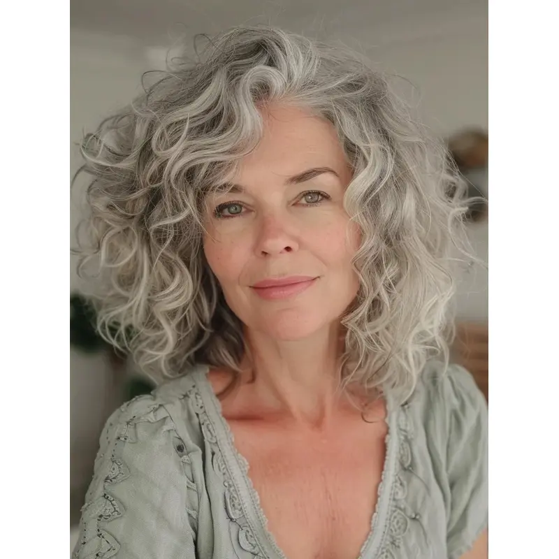 Womens Grey Hair Wig Shoulder Length Curly Layered Synthetic Wigs