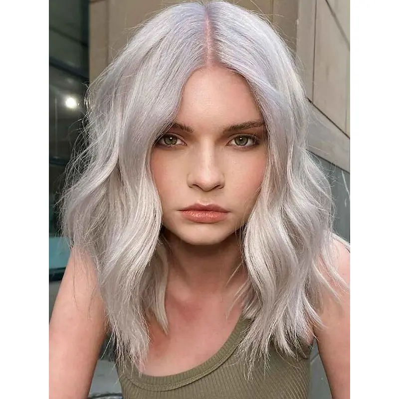 Grey Wigs Shoulder Length Wavy Lace Wigs Without Bangs Gorgeous Medium Wigs