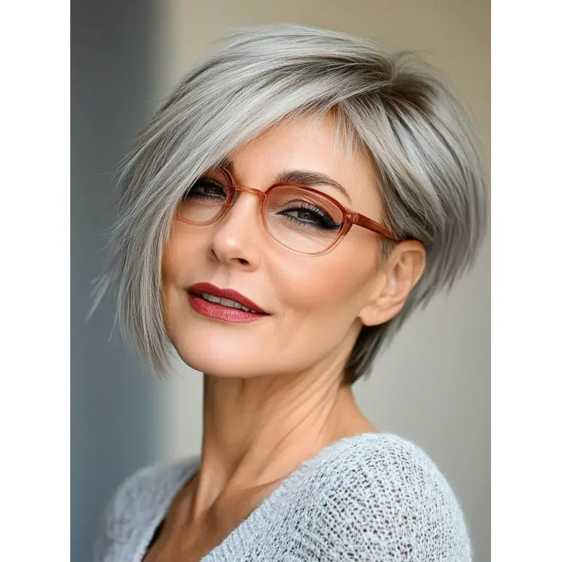 Human Grey Hair Wigs With Bangs Lace Front Short Straight Wigs