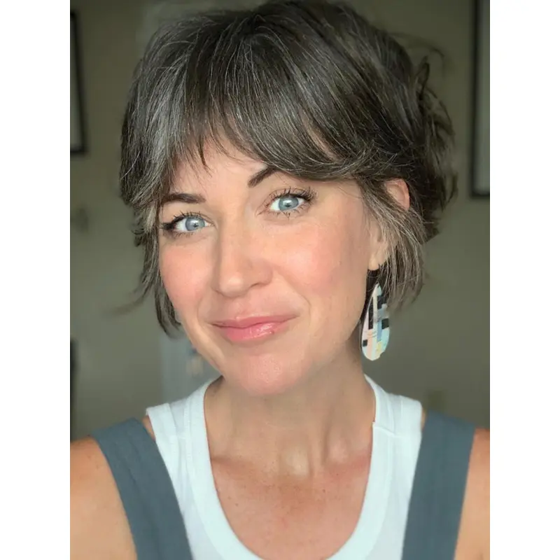 Short Grey Human Hair Wigs Lace Front With Bangs 8" Wavy Wigs