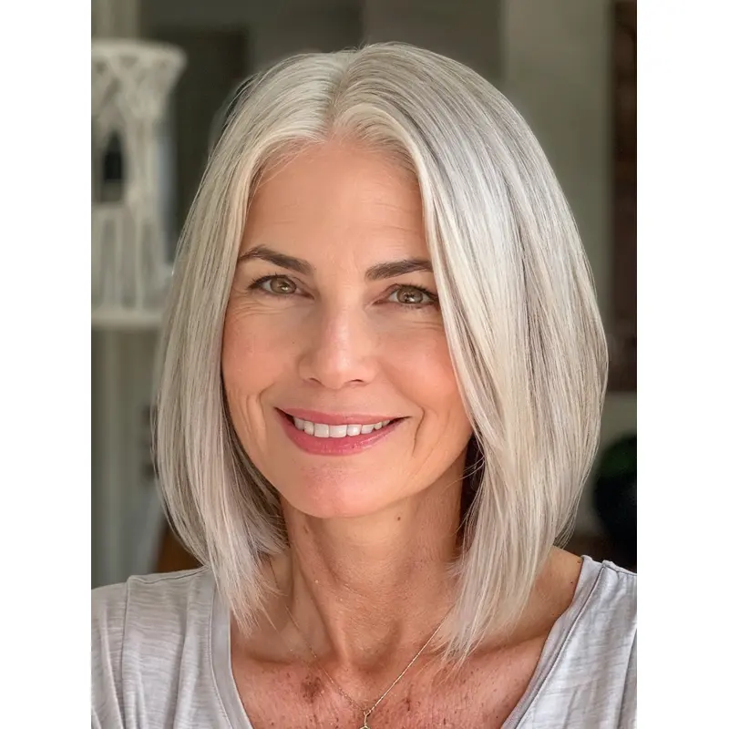 Straight Medium Length Wig Shoulder Length Bobs Platinum Blonde Lace Front 12" Wigs