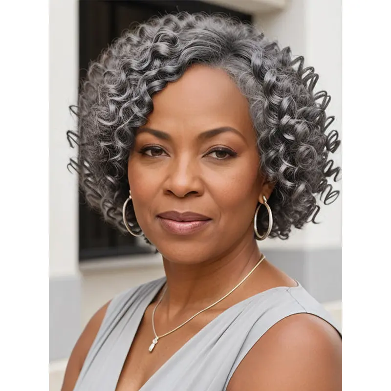 African American Wigs For Seniors Synthetic 10" Chin Length Curly Wigs